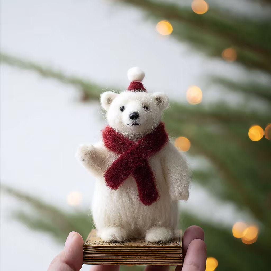 Cute Wool Felt Polar Bear with Red Scarf – Christmas Tree Ornament, Winter Decoration, Handmade Holiday Gift for Friends