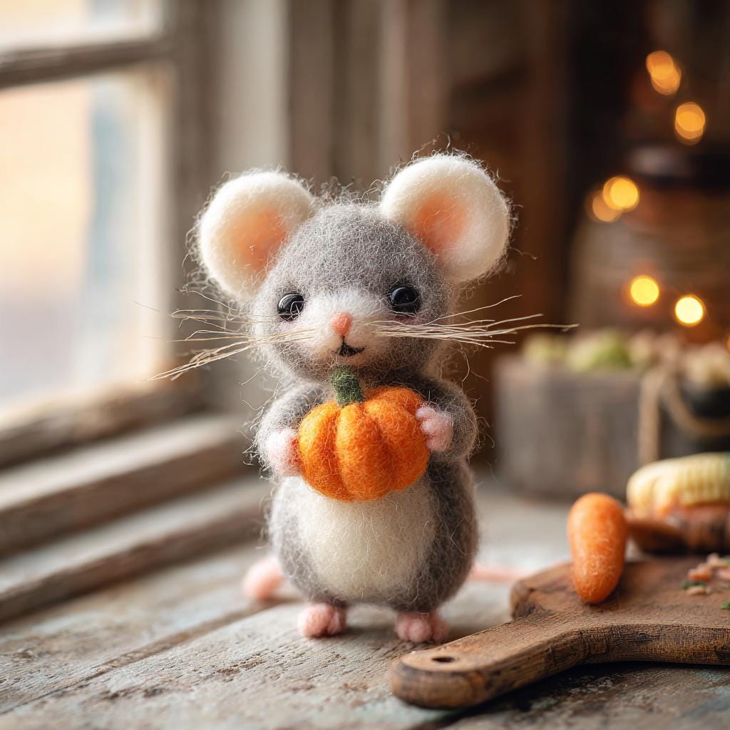 Handmade Needle Felted Mouse with Pumpkin – Cute Wool Felt Figurine, Spooky Winter Decor, Perfect as a Christmas Tree Ornament Gift