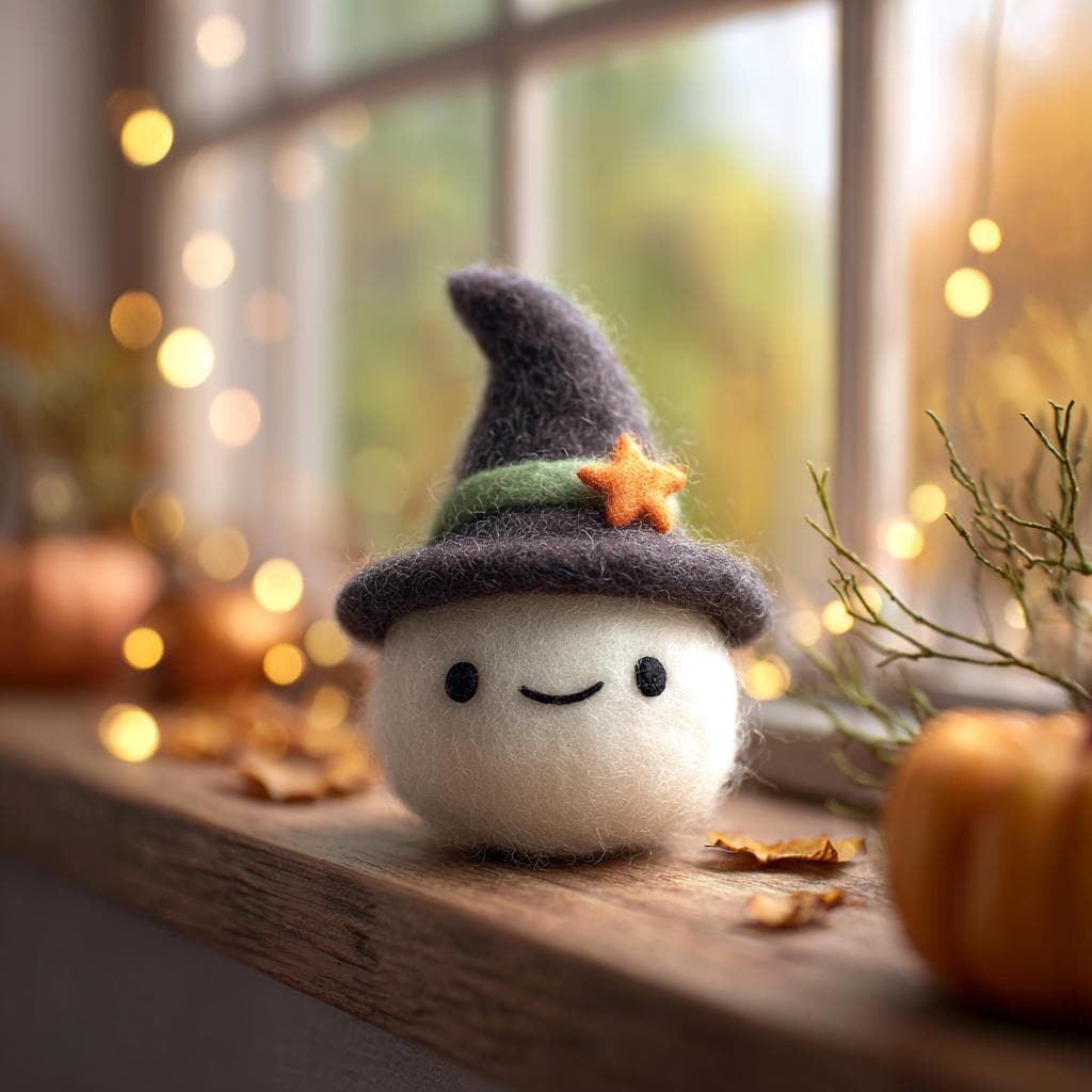 Handmade Needle Felted Halloween Ghost – Cute Wool Felt Figurine with Pumpkin Hat, Spooky Cute Decor, Fall Table Ornament, Gift Idea