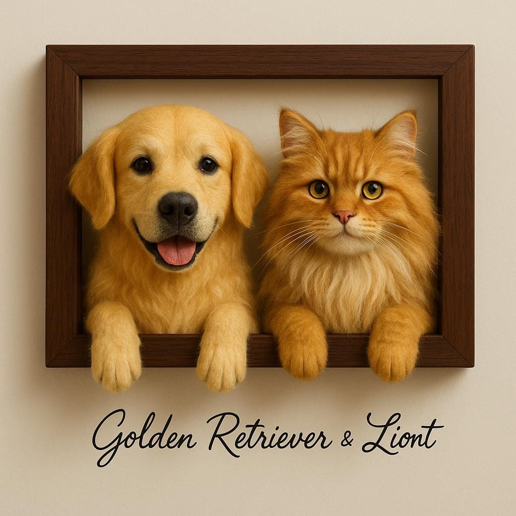 Custom Golden Retriever & Lion Cat Wool Felt Portrait – Handmade Needle Felted Pet Memorial in Dark Wooden Frame