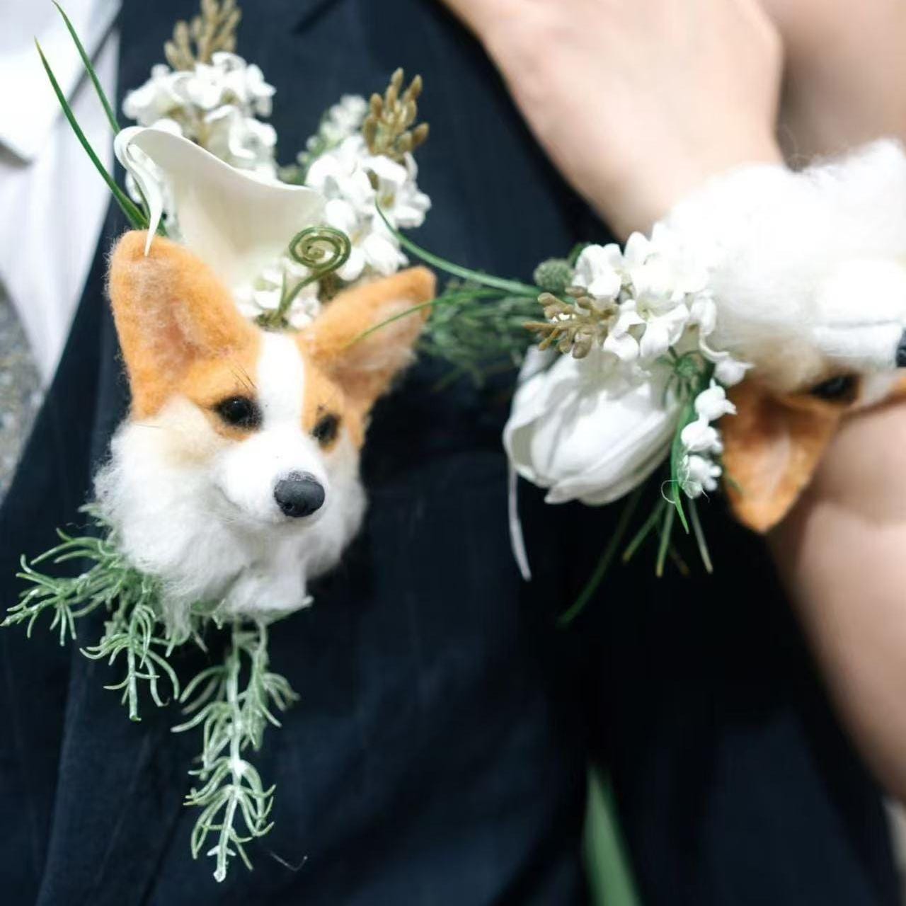 Custom Pet Portrait Wedding Corsage – Handmade Wool Felt Flower Pin for Bride and Groom Keepsake Gift