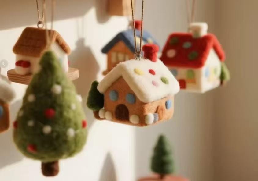 Wool Felt Christmas Village Ornament – Handmade Felt House Hanging Decor, Winter Cottage Tree Ornament, Cute Holiday Gift for Home Lovers