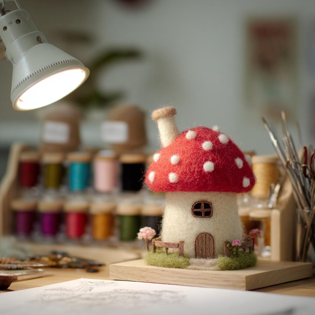 Handmade Needle Felted Mushroom House – Wool Felt Fairy Cottage Decor, Cozy Forest Home Ornament, Whimsical Handmade Gift