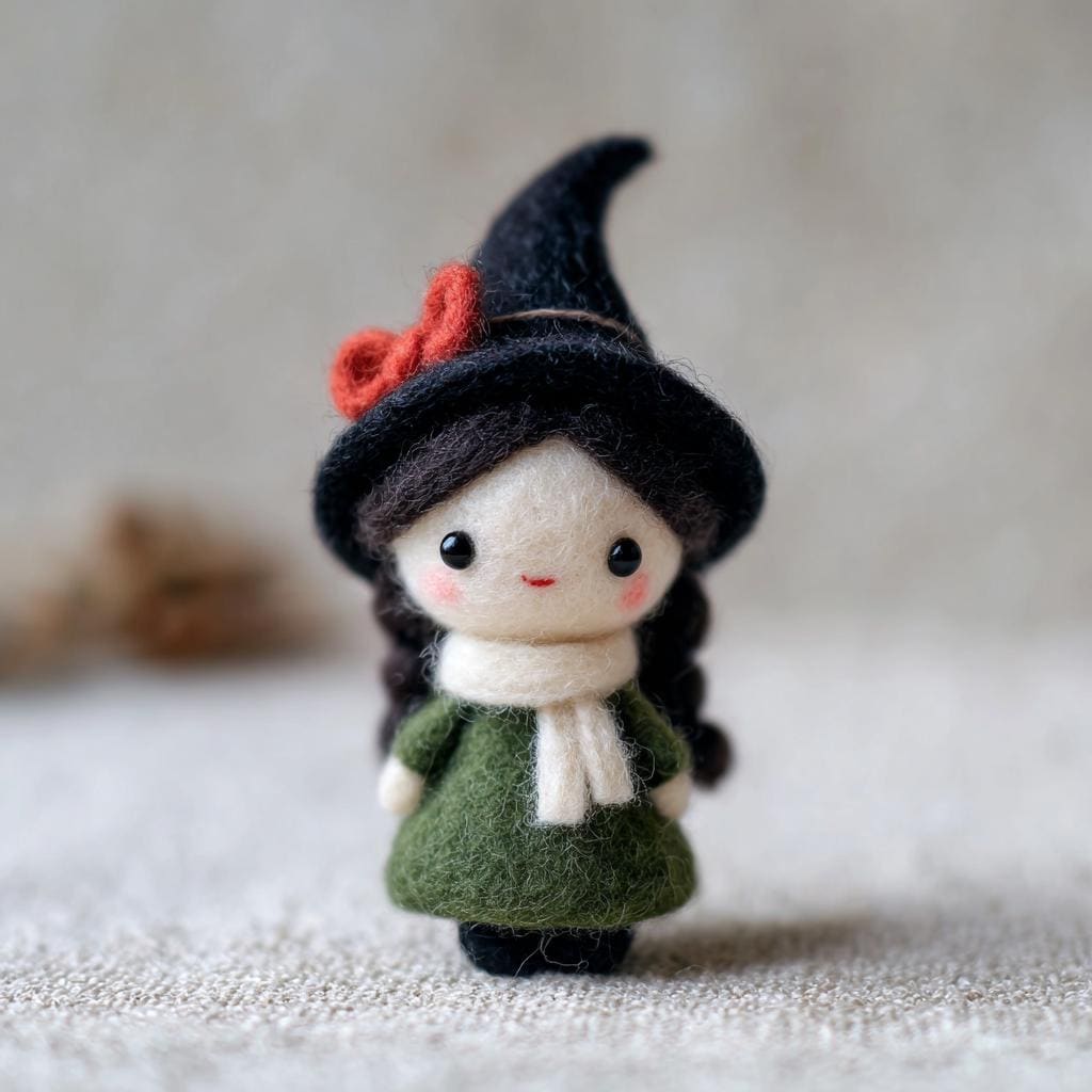 Needle Felted Witch Doll – Handmade Wool Felt Halloween Figurine, Cute Spooky Decor with Pumpkin, Magic Wand or Owl Hat Gift