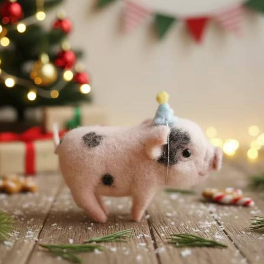 Handmade Wool Felt Piglet Figurine – Cute Birthday or Christmas Gift, Party Hat Pig Sculpture, Adorable Farm Animal Decor