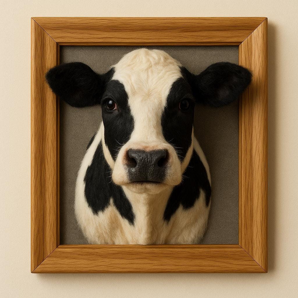 Custom Needle Felted Cow Portrait: Handmade Wool Pet Memorial Frame