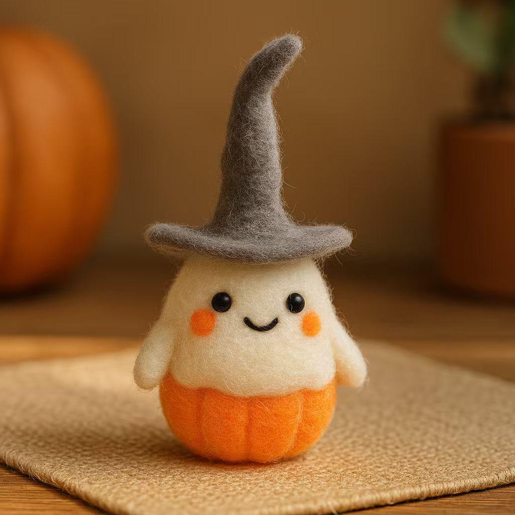 Needle Felted Ghost Plush with Pumpkin Hat – Handmade Wool Felt Halloween Decoration – Cute Fall Home Decor, Trick or Treat Party Gift