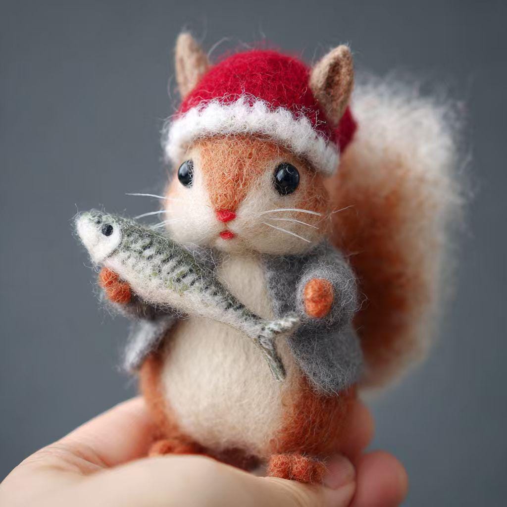 Handmade Felt Squirrel Figurine – Cute Wool Animal with Santa Hat or Apple, Winter Woodland Christmas Gift Decor