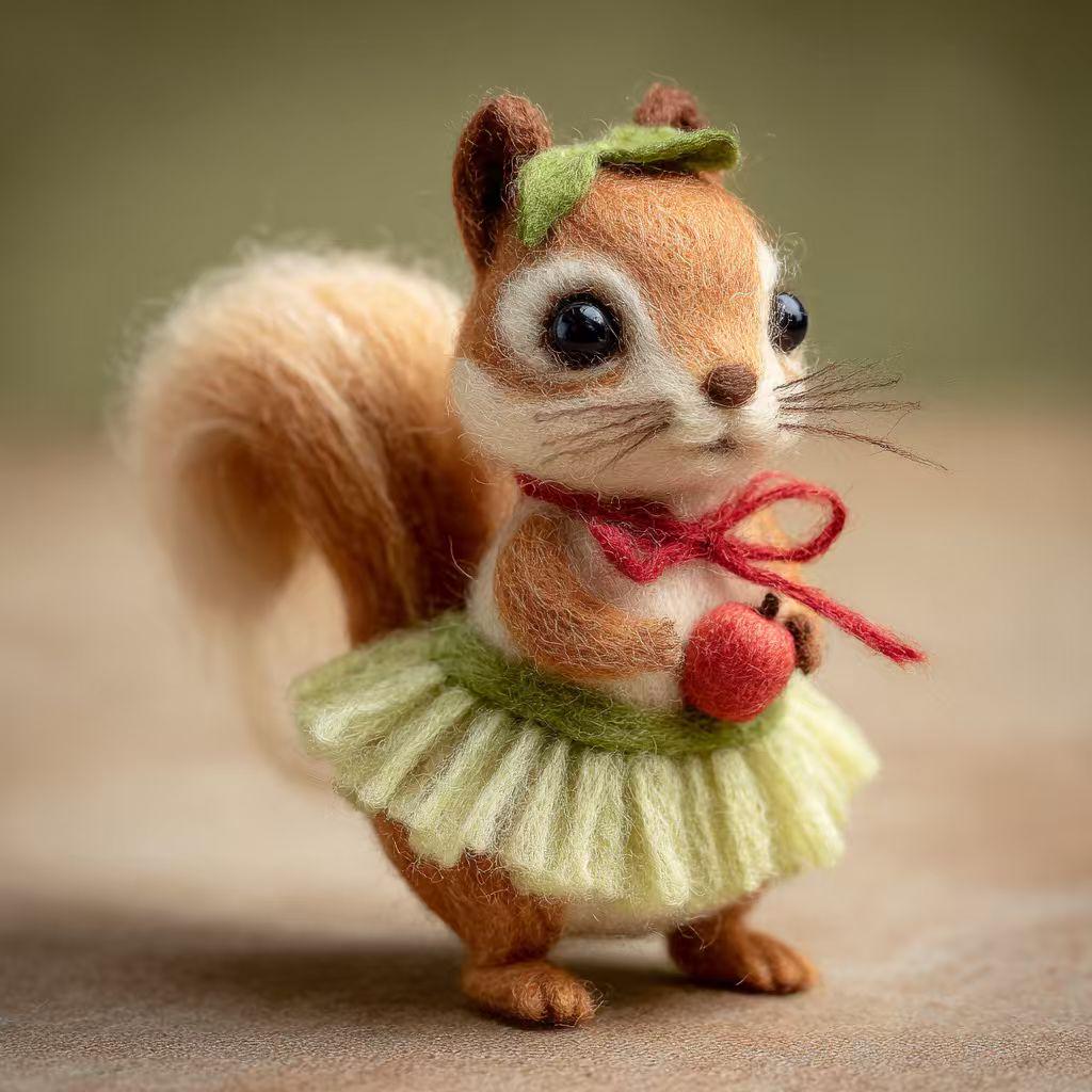 Handmade Felt Squirrel Figurine – Cute Wool Animal with Santa Hat or Apple, Winter Woodland Christmas Gift Decor