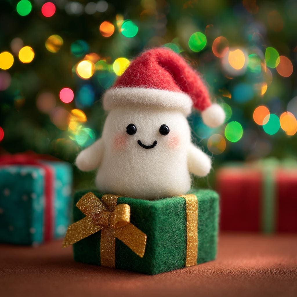 Needle Felted Ghost Figurine – Wool Felt Christmas Decor with Santa Hat and Gift Box, Cute Handmade Holiday Ornament