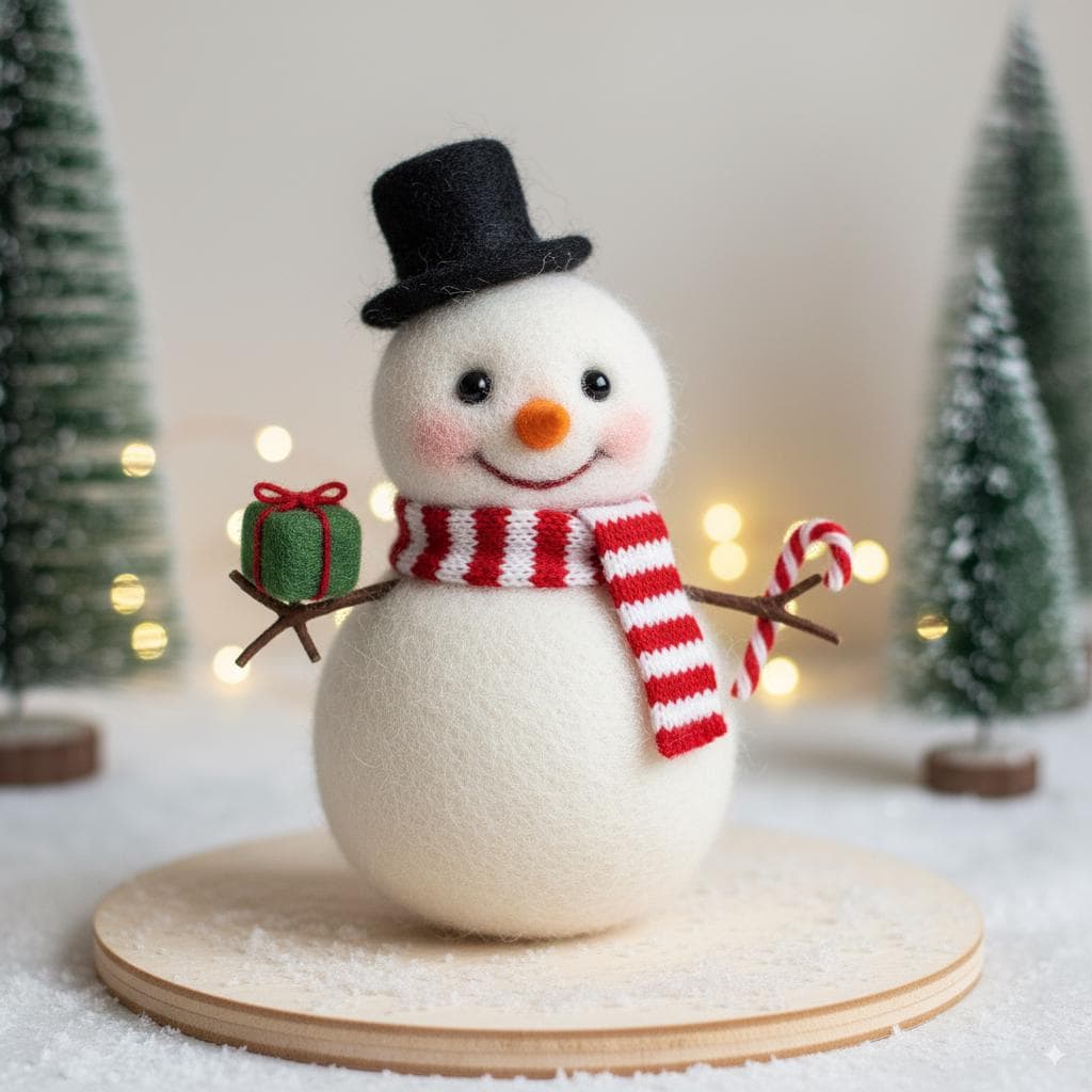 Felted Wool Snowman Christmas Ornament – Handmade Needle Felt Figure with Red Scarf and Gift,Perfect Christmas Tree Ornament or Holiday Gift