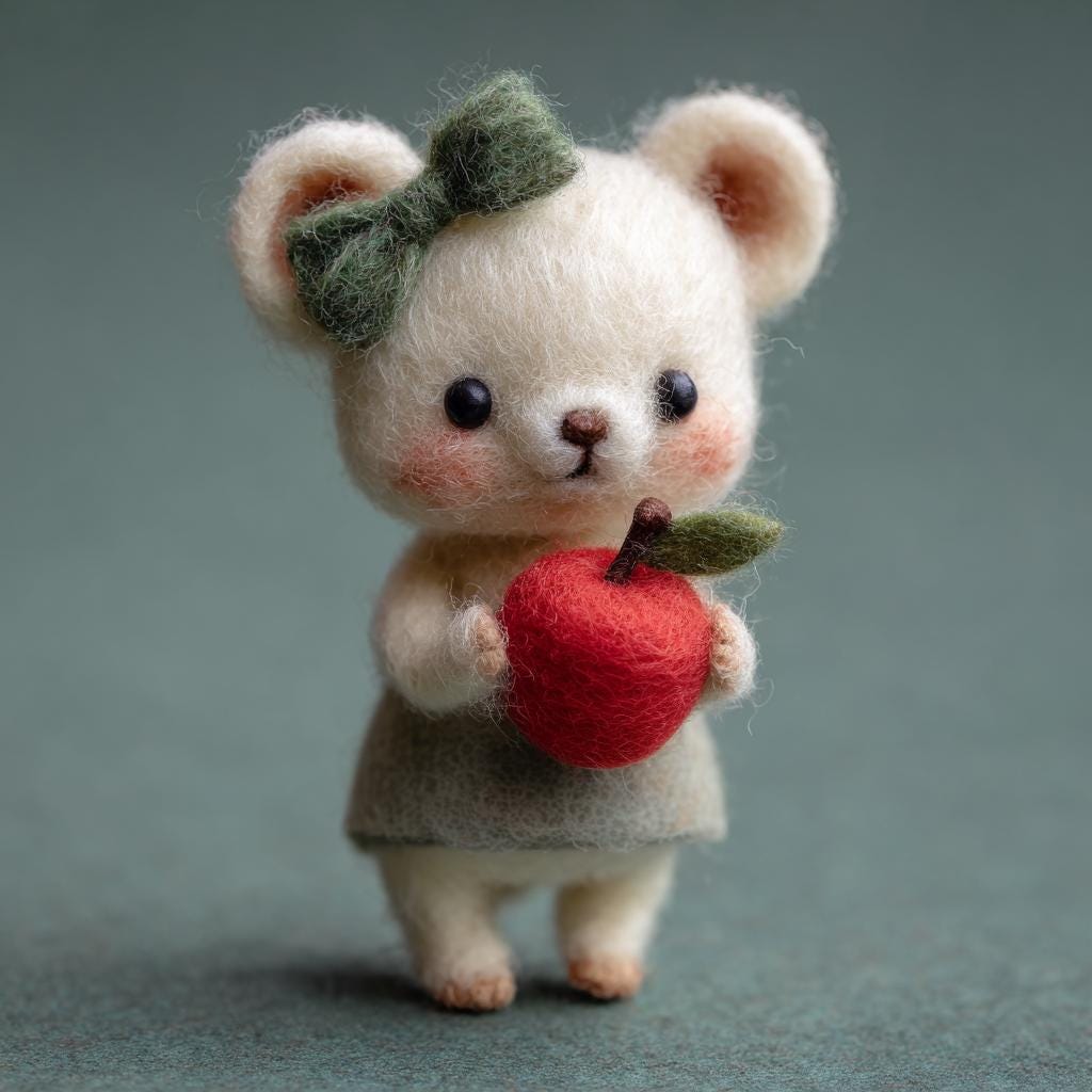 Needle Felted Christmas Bear – White Wool Bear Holding Apple, Handmade Winter Gift for Her, Cute Holiday Home Decor