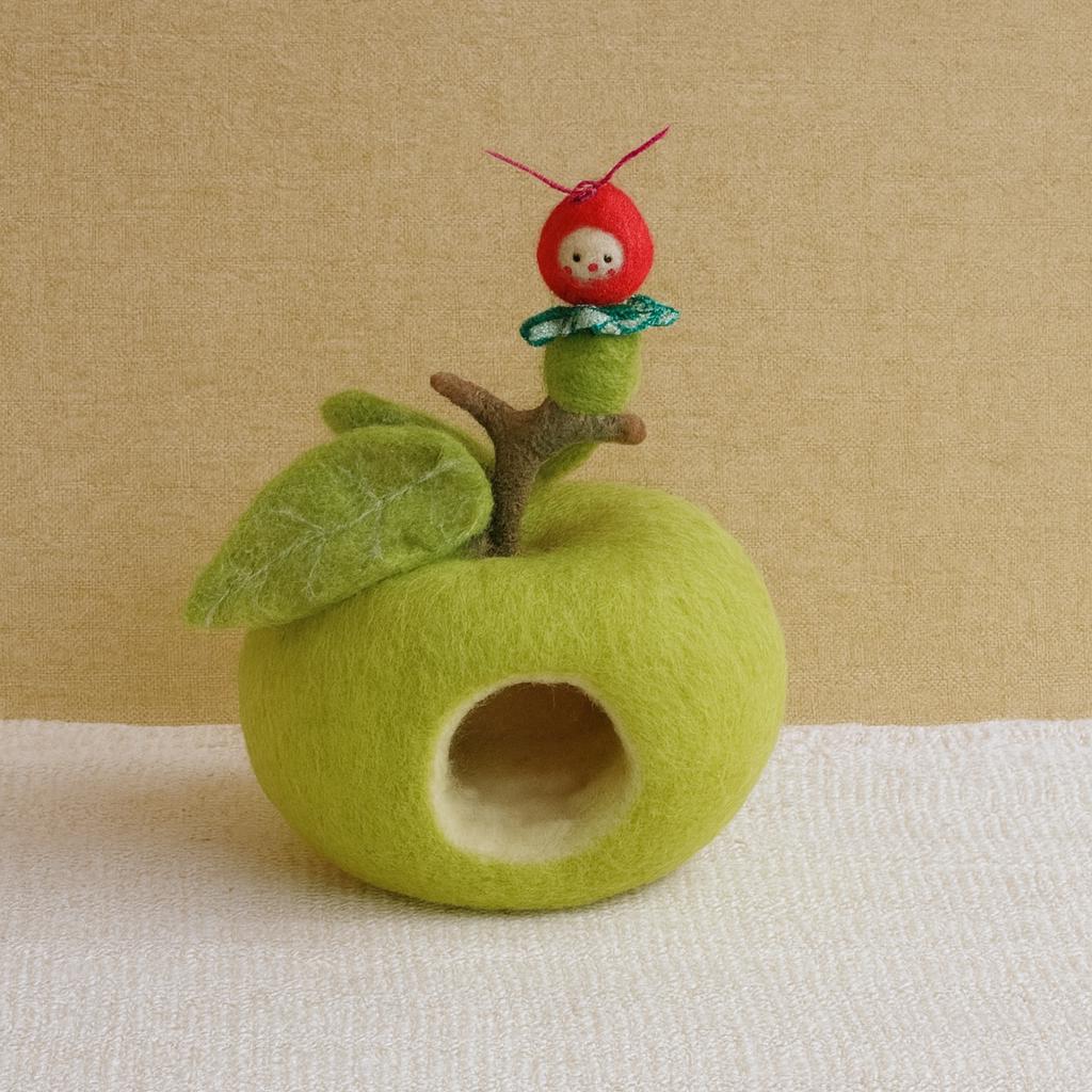 Handmade Wool Felt Apple House with Caterpillar – Waldorf Inspired Toy,Needle Felted Apple House – Nature Play Toy for Kids, Waldorf Gift