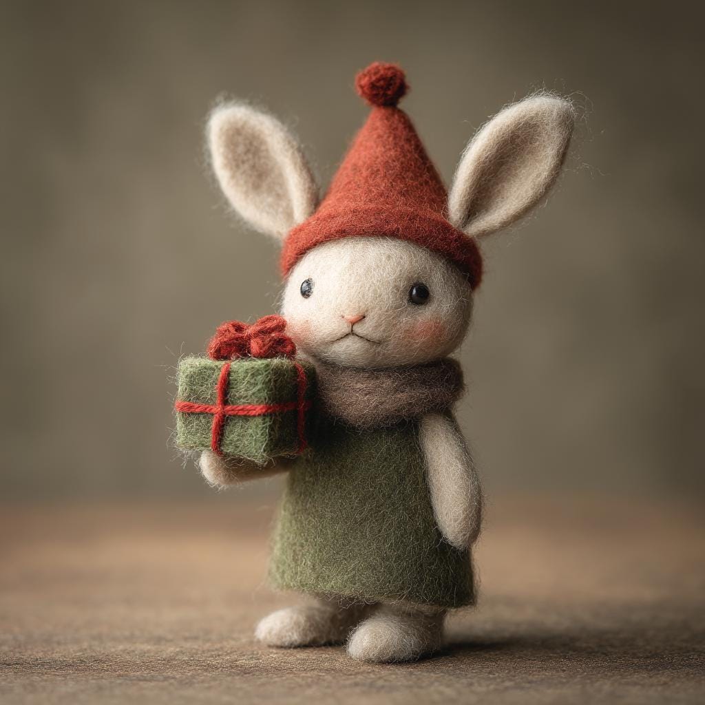 Handmade Felt Bunny with Gift Box – Wool Rabbit Figurine, Woodland Christmas Decor and Cozy Winter Holiday Gift for Animal Lovers