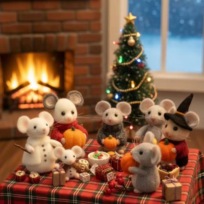 Felt Mouse Ornament Set – Handmade Wool Christmas Decor, Cute Winter Gift for Kids, Cozy Holiday Home Decoration
