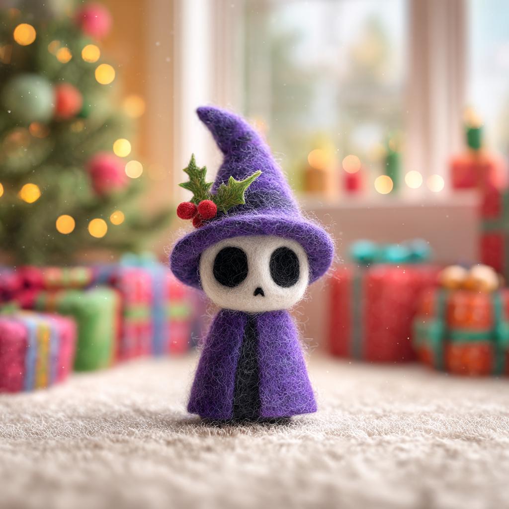 Handmade Wool Felt Skeleton Witch – Needle Felted Halloween Decoration, Spooky Cute Figurine for Autumn Home or Party Gift