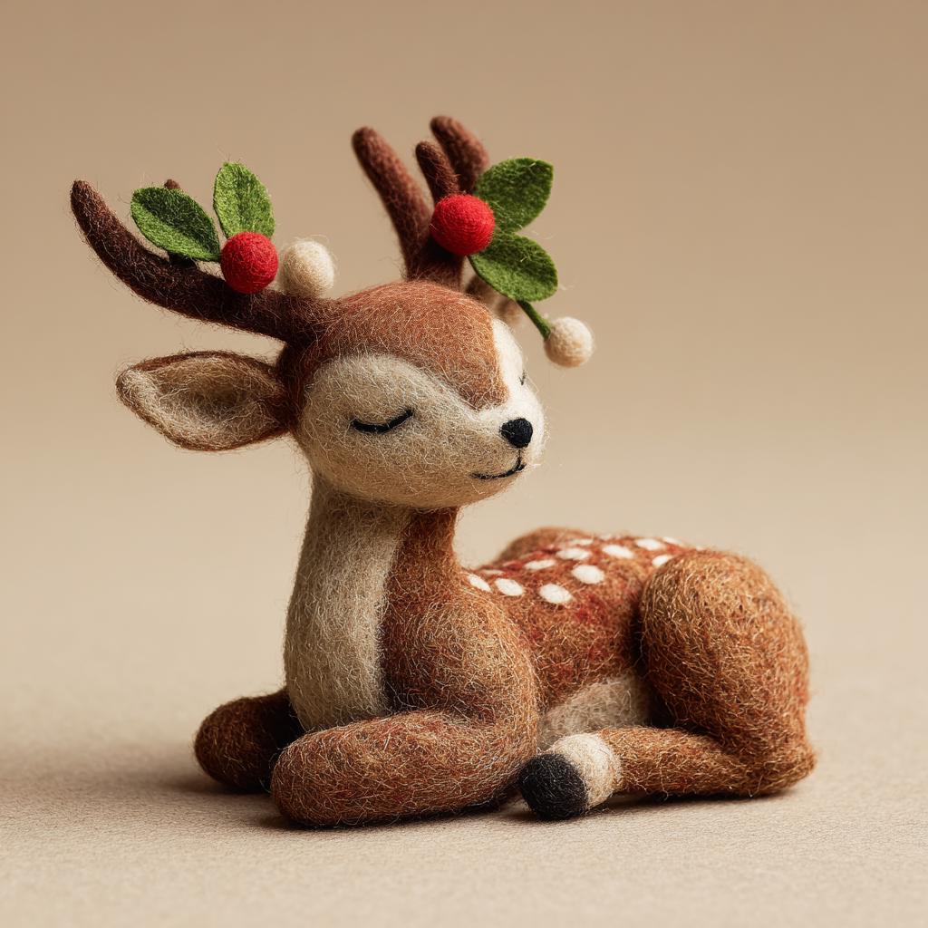 Handmade Felt Reindeer Ornament – Wool Christmas Deer with Santa Hat and Scarf, Cozy Winter Gift and Christmas Tree Ornament Gift