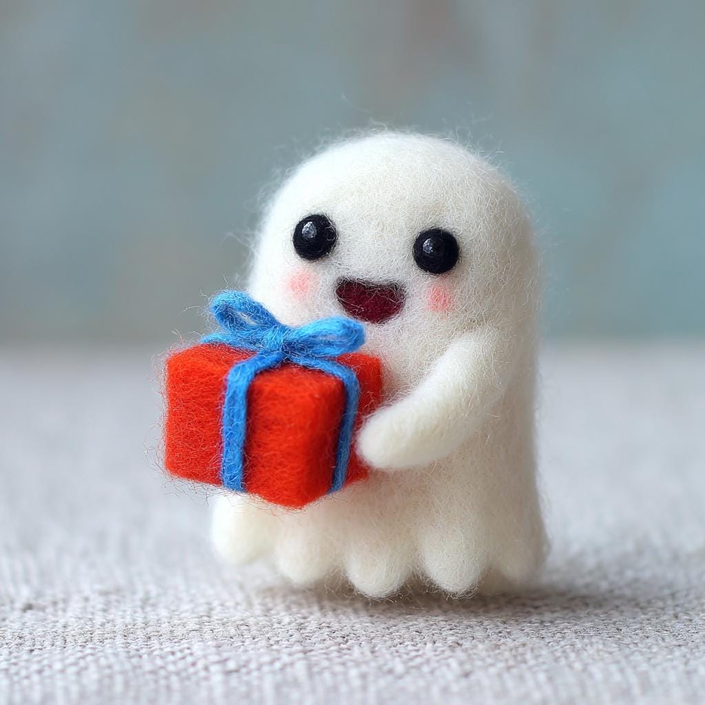 Needle Felted Ghost with Gift – Cute Wool Felt Halloween Ornament, Handmade Ghost Doll, Cozy Holiday Decor for October Display