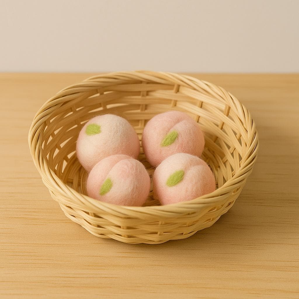 Handmade Mini Wool Felt Fruit Basket 1.5cm – Needle Felted Watermelon, Strawberry, Orange, Peach & Blueberry – Kitchen Toy Gift