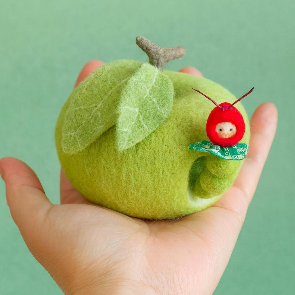 Handmade Wool Felt Apple House with Caterpillar – Waldorf Inspired Toy,Needle Felted Apple House – Nature Play Toy for Kids, Waldorf Gift