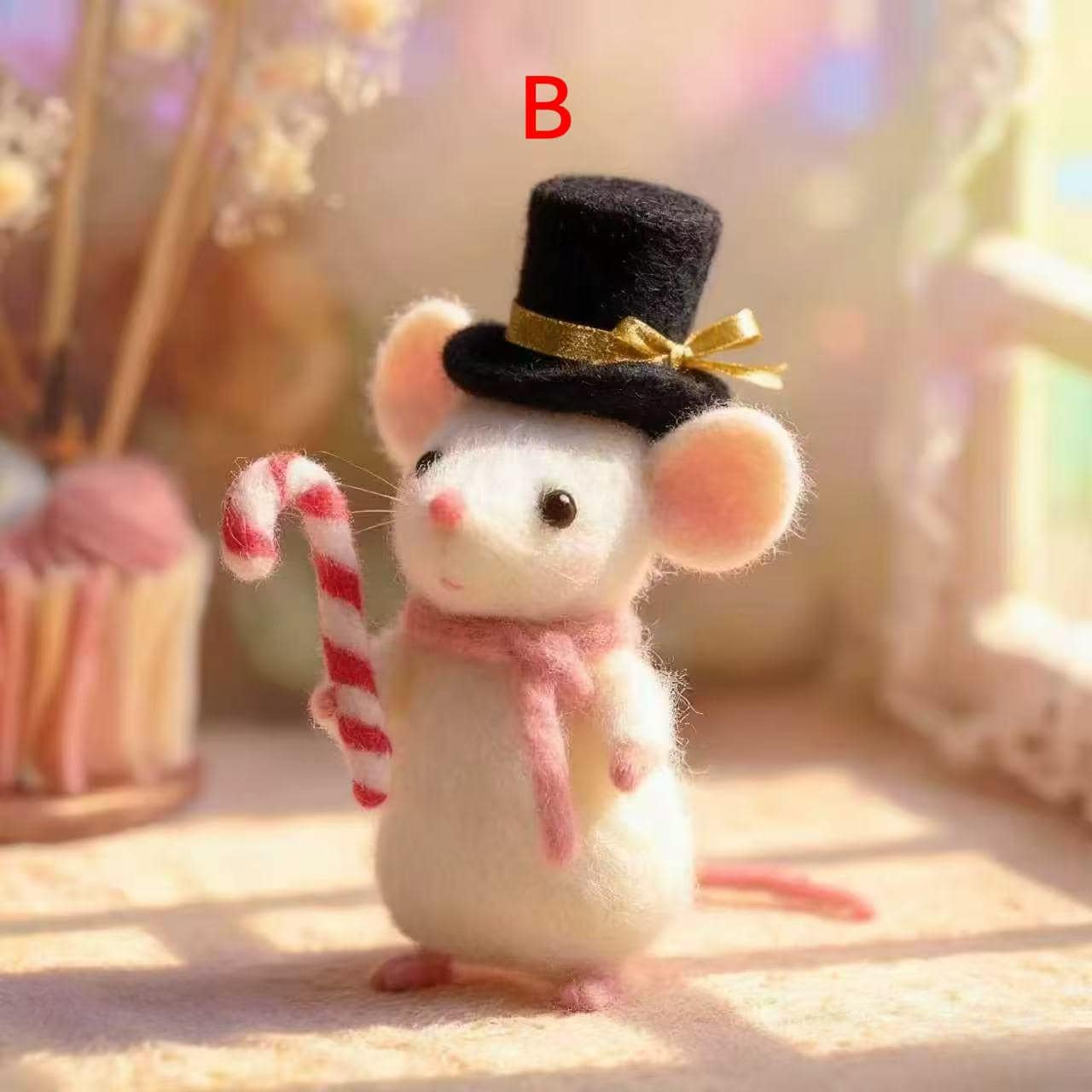 Needle Felted Mouse Figurine – Handmade Wool Felt Animal with Holiday Outfit – Christmas Candy Cane or Perfect for Christmas Tree Ornament
