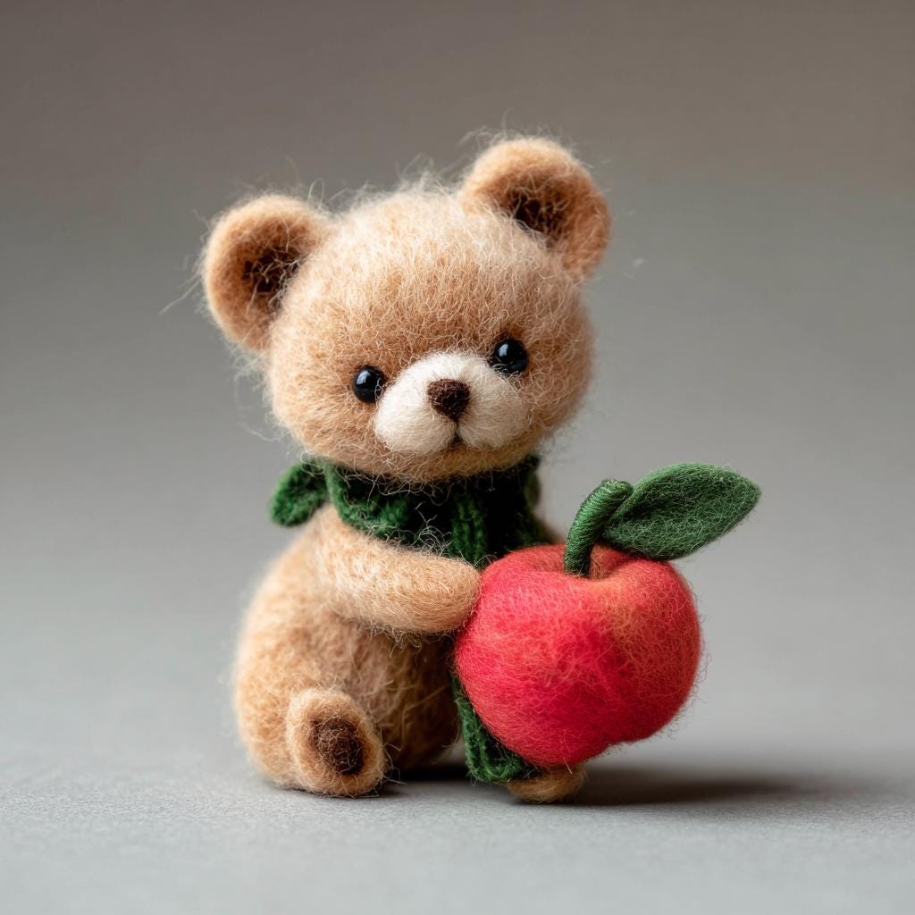 Handmade Needle Felted Bear with Apple – Cute Wool Figurine Winter Gift, Christmas Decoration, Perfect for Christmas Tree Ornament