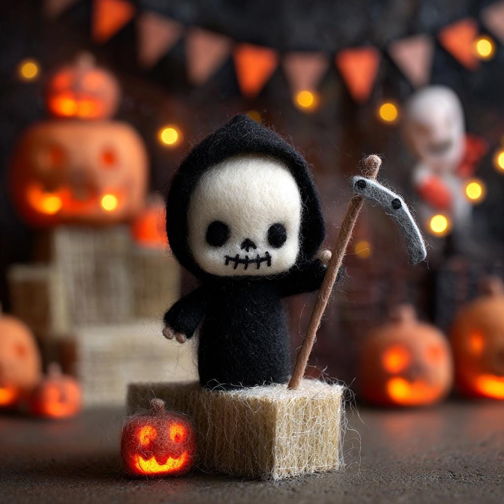 Handmade Needle Felted Skeleton Doll – Cute Halloween Decor, Wool Felt Grim Reaper Figurine, Spooky Gift for Halloween Lovers