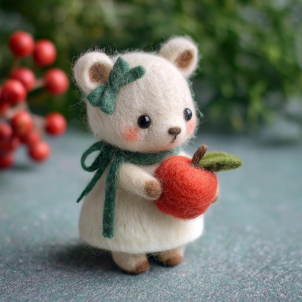 Needle Felted Christmas Bear – White Wool Bear Holding Apple, Handmade Winter Gift for Her, Cute Holiday Home Decor