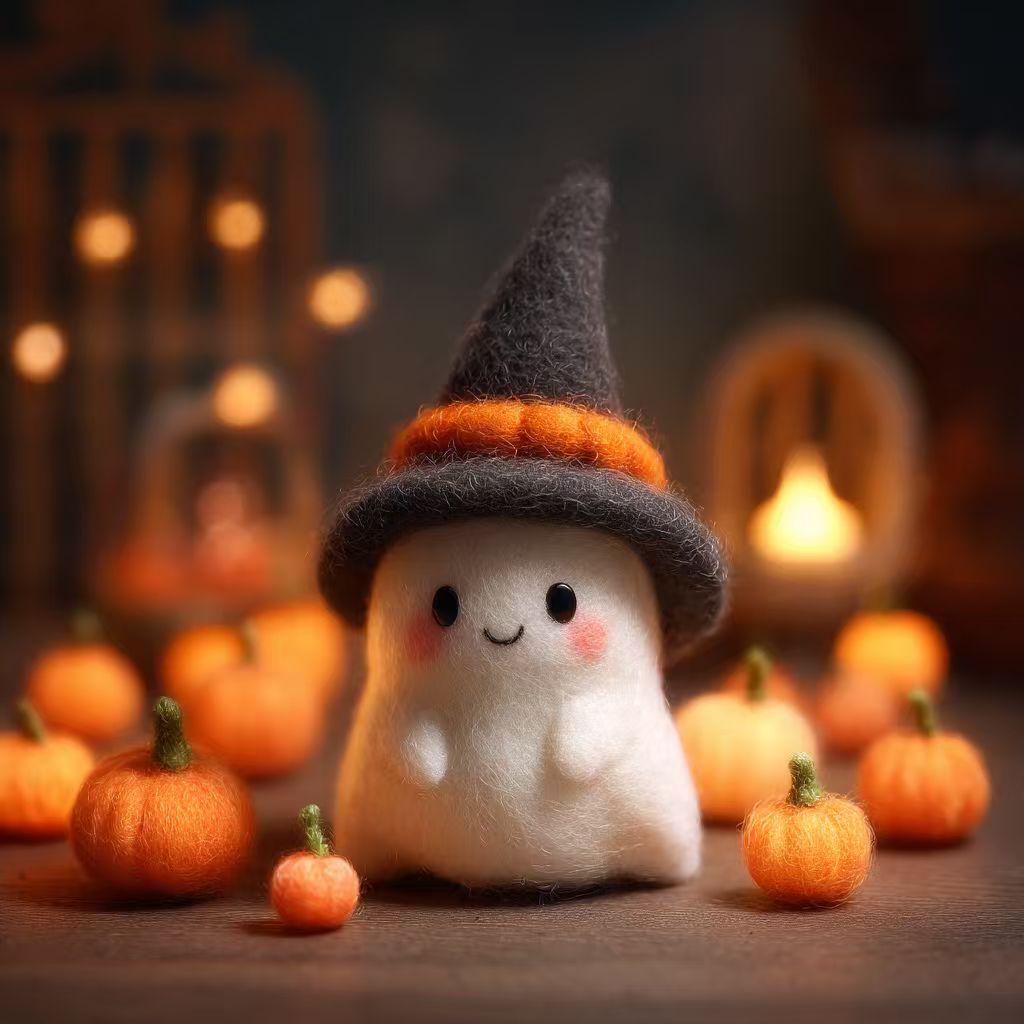 Handmade Needle Felted Halloween Ghost – Cute Wool Felt Figurine with Pumpkin Hat, Spooky Cute Decor, Fall Table Ornament, Gift Idea