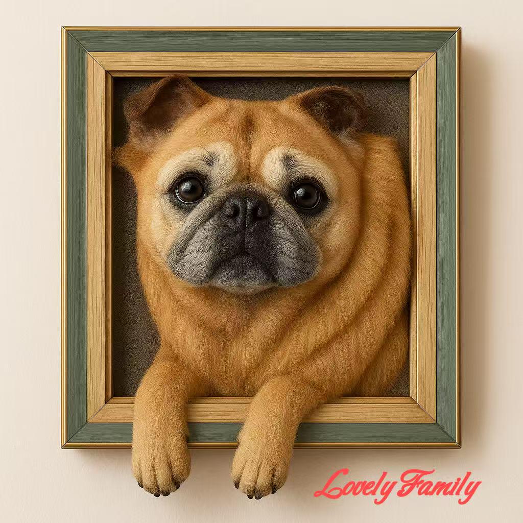 Custom Needle Felted Pug Portrait: 3D Wool Pet Sculpture in Blue Frame