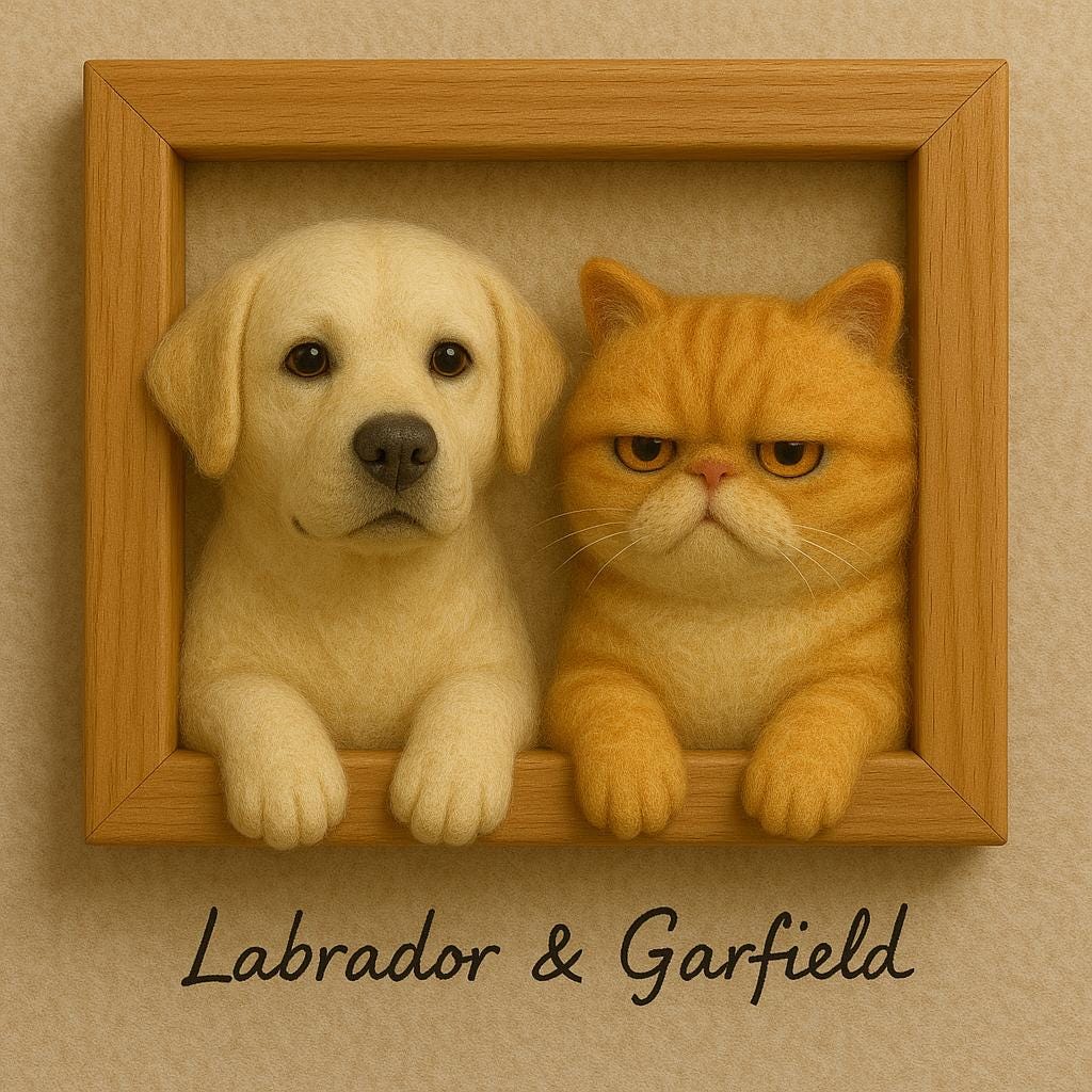 Custom Labrador & Garfield Cat Wool Felt Portrait – Handmade 3D Pet Frame Sculpture,Unique Pet Memorial Gift,Pet Lover’s Gift Frame