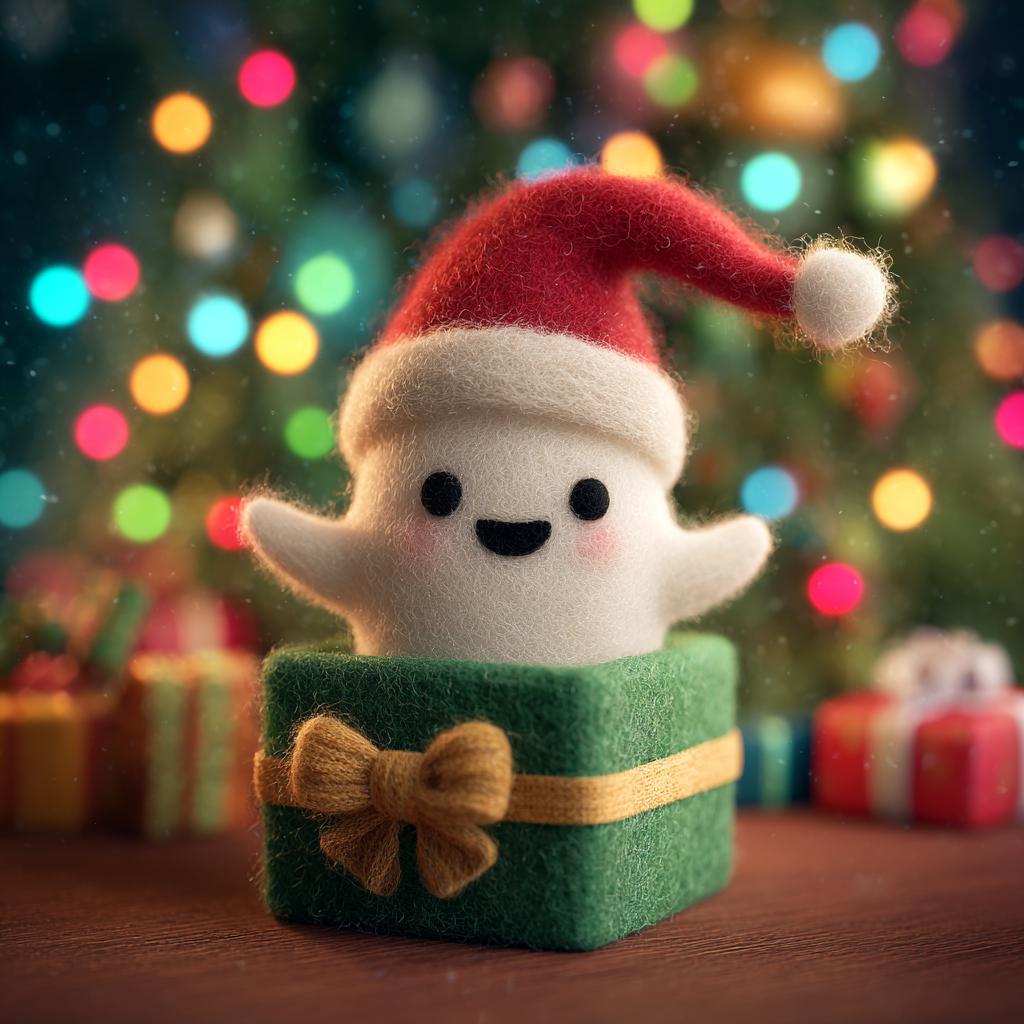 Needle Felted Ghost Figurine – Wool Felt Christmas Decor with Santa Hat and Gift Box, Cute Handmade Holiday Ornament