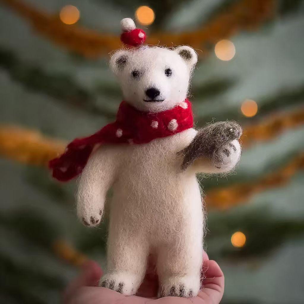 Cute Wool Felt Polar Bear with Red Scarf – Christmas Tree Ornament, Winter Decoration, Handmade Holiday Gift for Friends