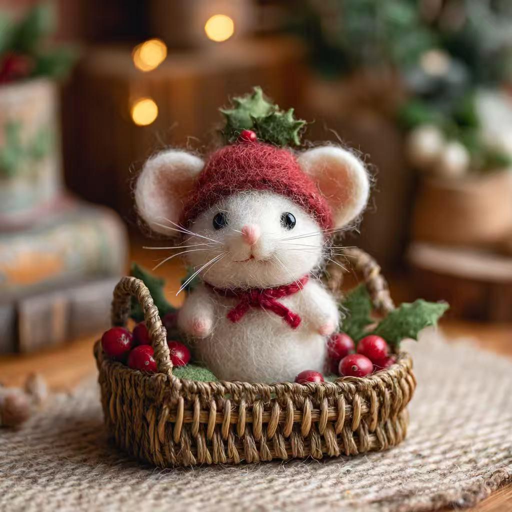 Needle Felt Christmas Mouse Ornament – Handmade Wool Felt Figurine, Cute Holiday Gift, Cozy Winter Home and Tree Decoration