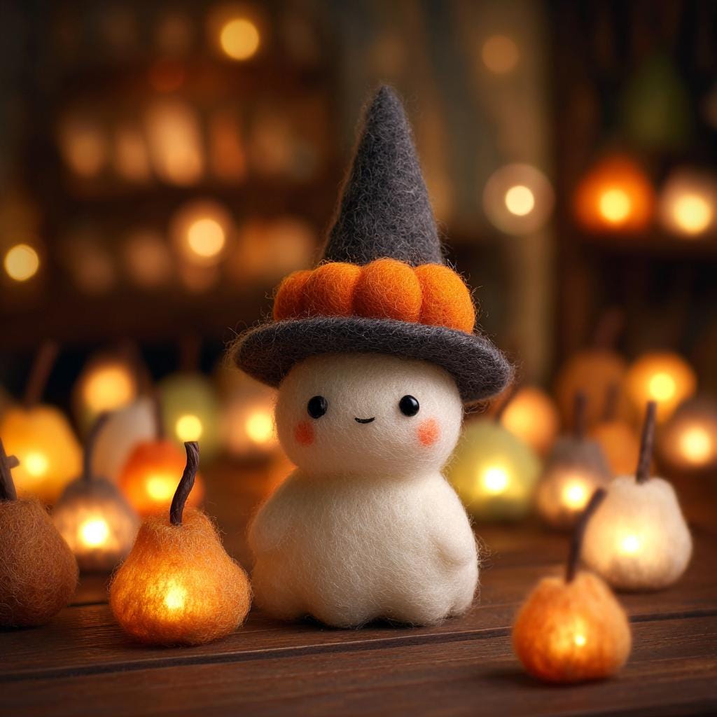 Handmade Needle Felted Halloween Ghost – Cute Wool Felt Figurine with Pumpkin Hat, Spooky Cute Decor, Fall Table Ornament, Gift Idea