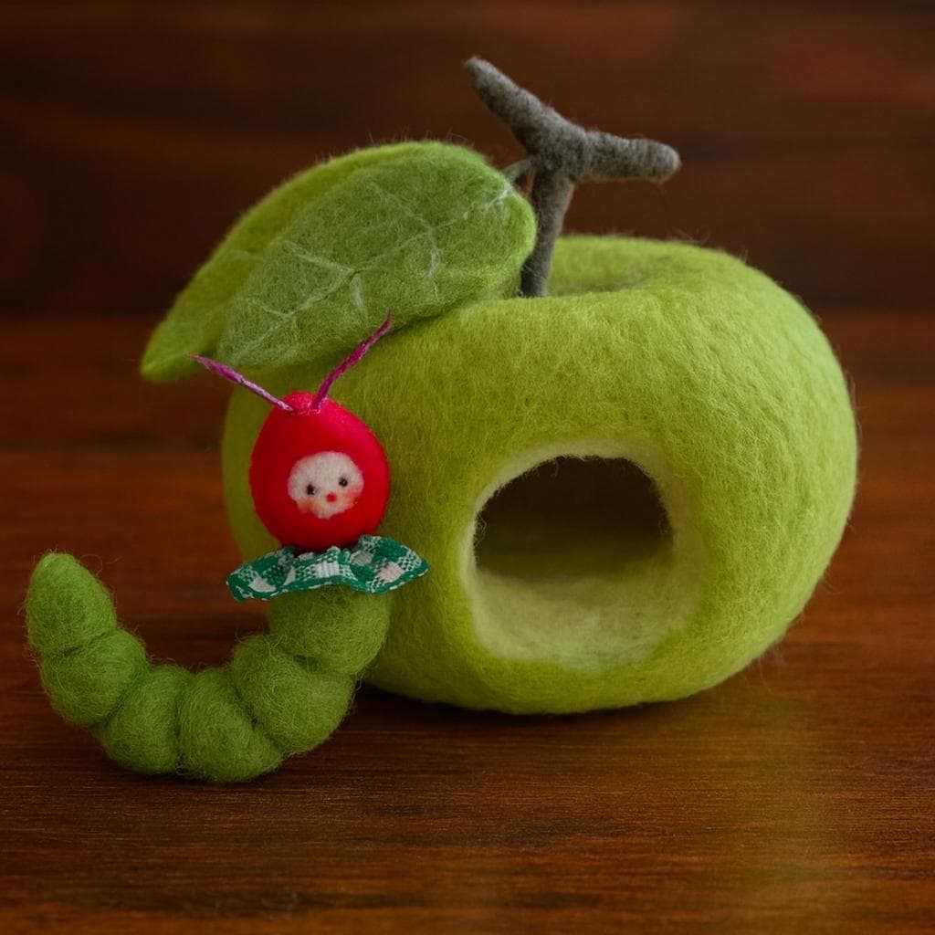 Handmade Wool Felt Apple House with Caterpillar – Waldorf Inspired Toy,Needle Felted Apple House – Nature Play Toy for Kids, Waldorf Gift