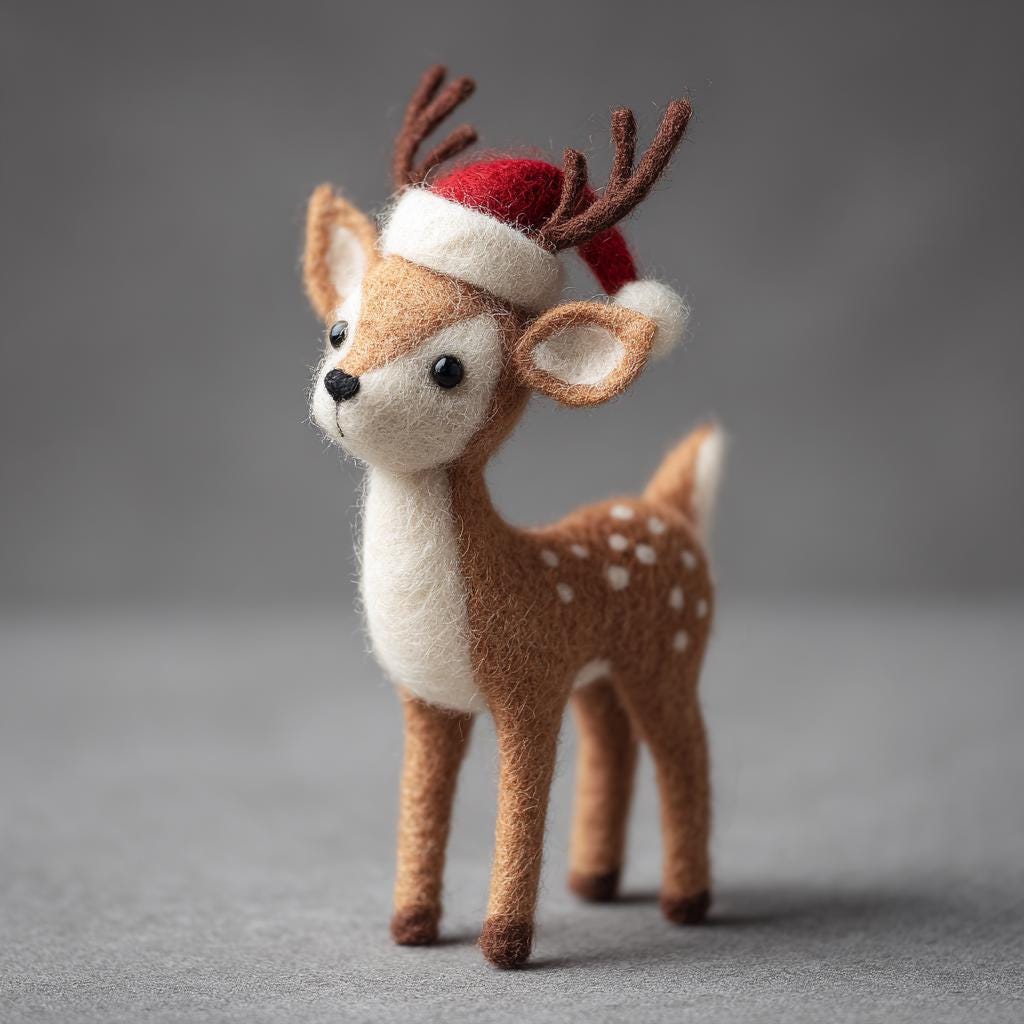 Handmade Felt Reindeer Ornament – Wool Christmas Deer with Santa Hat and Scarf, Cozy Winter Gift and Christmas Tree Ornament Gift