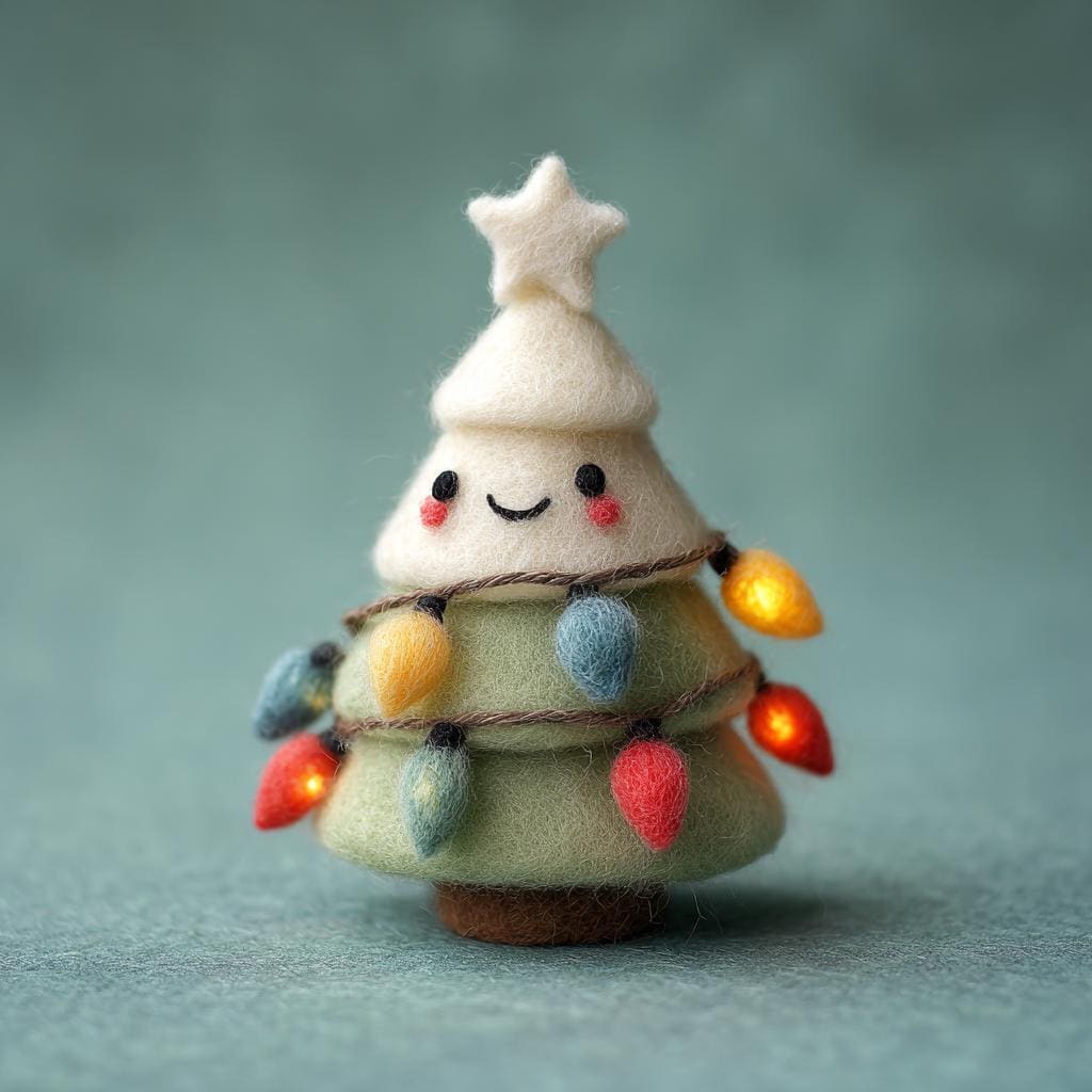 Handmade Wool Felt Christmas Tree Set – Cute Mini Tree Figurines with Lights, Star, and Red Bow, Cozy Winter Home Decor Gift
