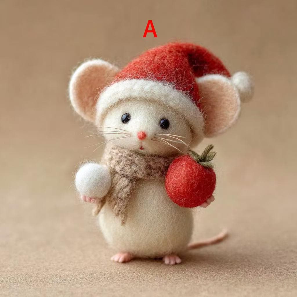 Handmade Needle Felted Christmas Mouse – 3 Inch Wool Felt Figurine with Santa Hat and Berries, Perfect for Christmas Tree Ornament