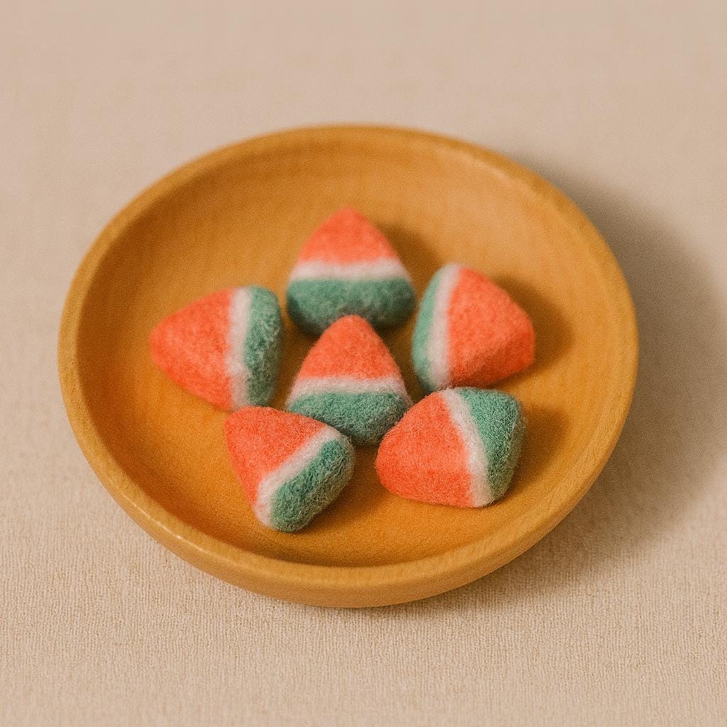 Handmade Mini Wool Felt Fruit Basket 1.5cm – Needle Felted Watermelon, Strawberry, Orange, Peach & Blueberry – Kitchen Toy Gift