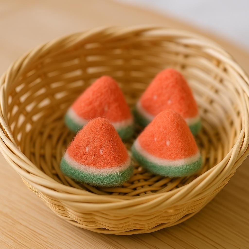Handmade Mini Wool Felt Fruit Basket 1.5cm – Needle Felted Watermelon, Strawberry, Orange, Peach & Blueberry – Kitchen Toy Gift