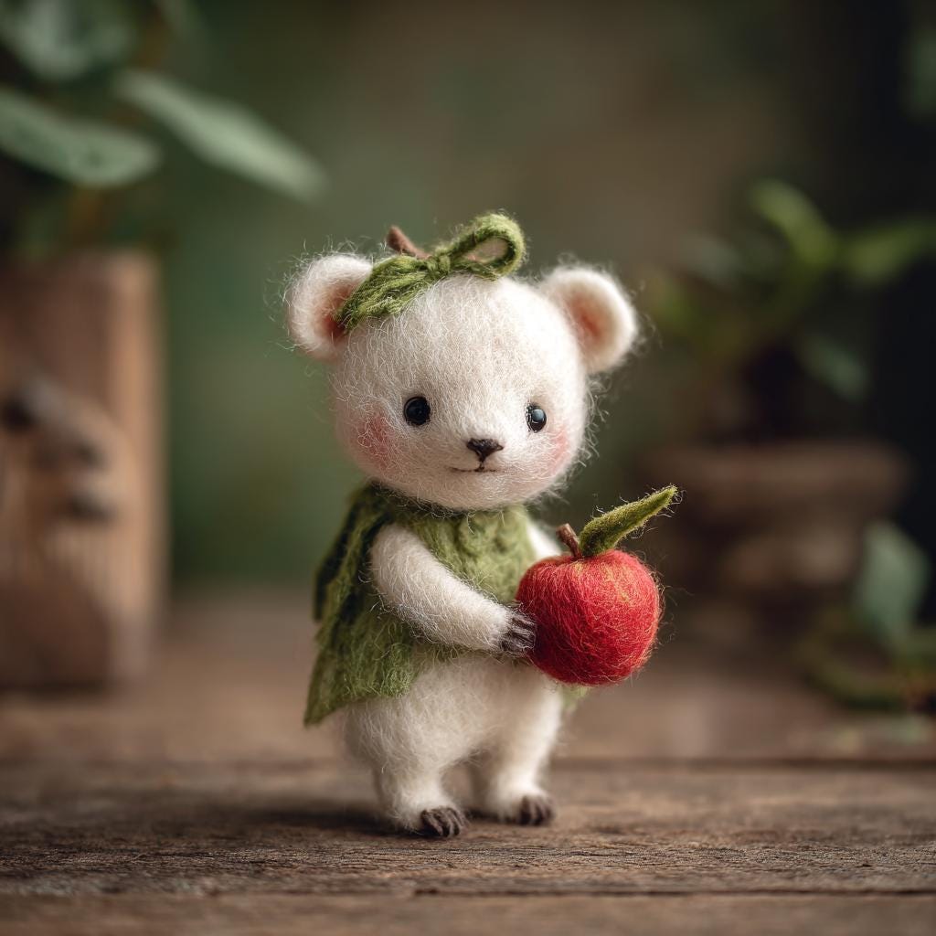 Needle Felted Christmas Bear – White Wool Bear Holding Apple, Handmade Winter Gift for Her, Cute Holiday Home Decor