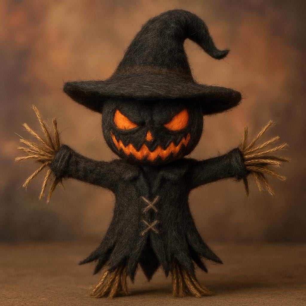 Needle Felted Halloween Scarecrow & Witch Dolls: Handmade Wool Figurines,Spooky Autumn Decor, Holiday Gift Idea