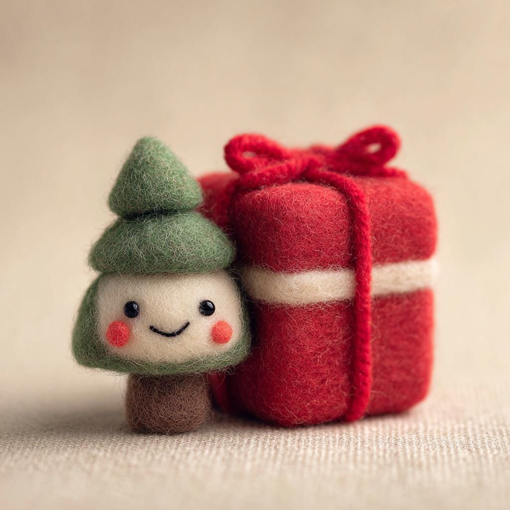 Handmade Felt Christmas Decor – Wool Felt Tree with Gift Figurine, Cute Holiday Ornament for Cozy Winter Home