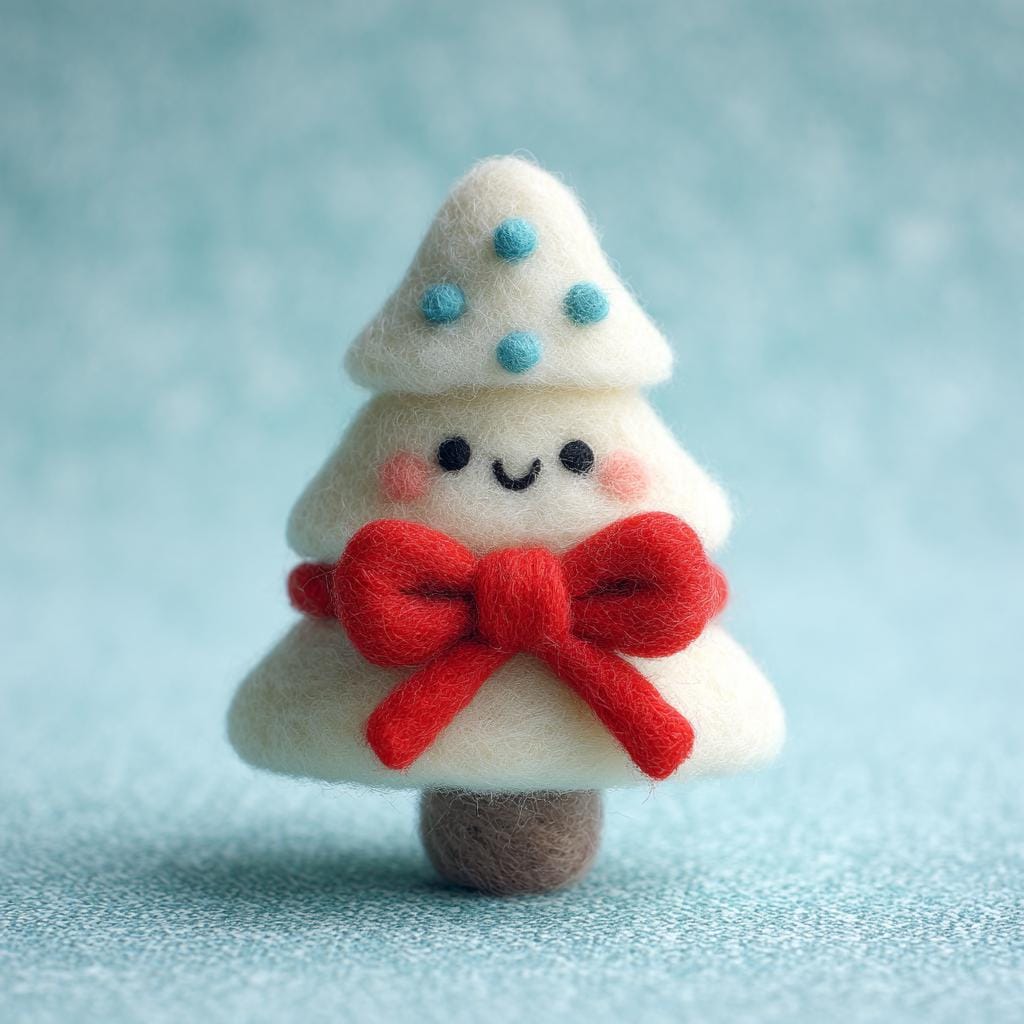 Handmade Wool Felt Christmas Tree Set – Cute Mini Tree Figurines with Lights, Star, and Red Bow, Cozy Winter Home Decor Gift