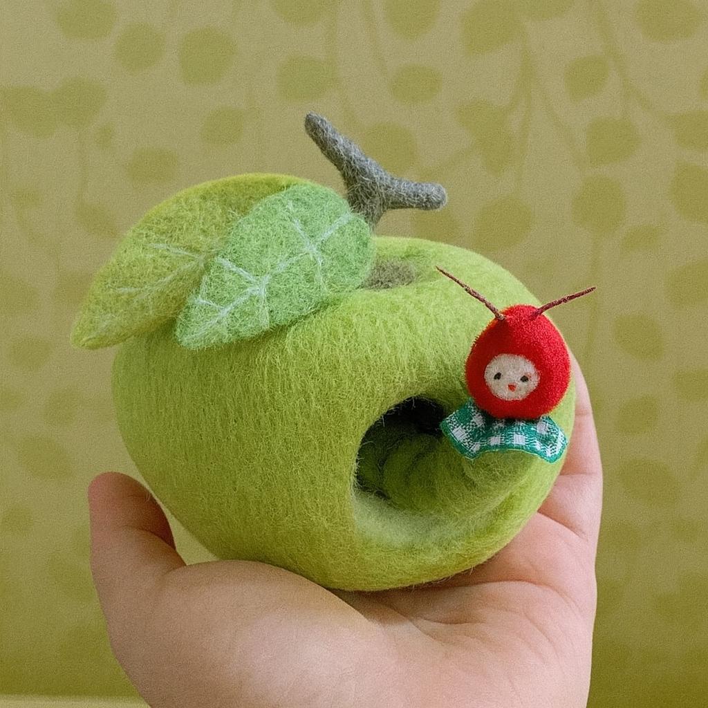 Handmade Wool Felt Apple House with Caterpillar – Waldorf Inspired Toy,Needle Felted Apple House – Nature Play Toy for Kids, Waldorf Gift