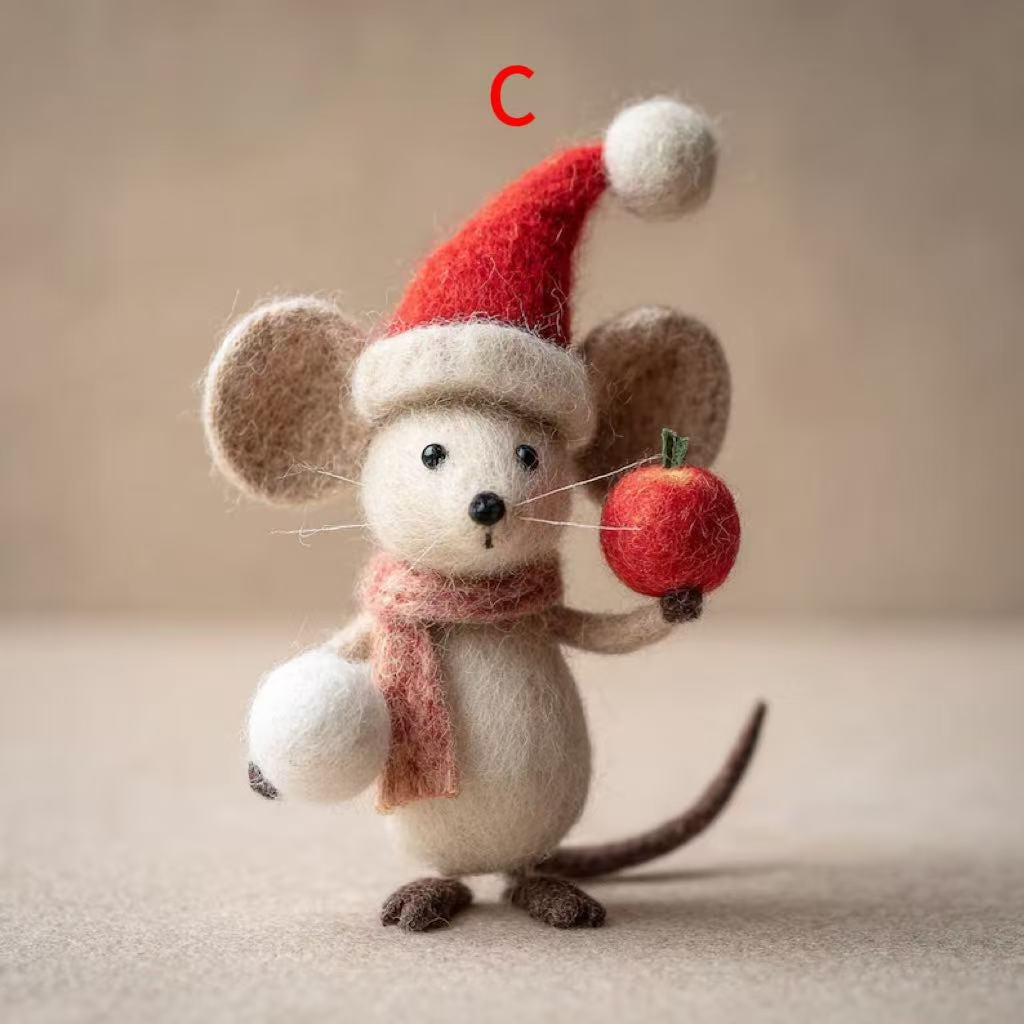 Handmade Needle Felted Christmas Mouse – 3 Inch Wool Felt Figurine with Santa Hat and Berries, Perfect for Christmas Tree Ornament
