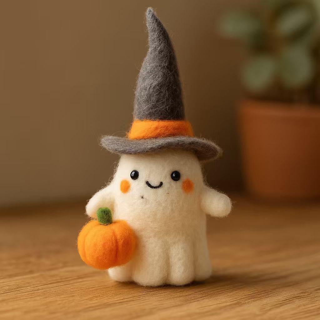 Needle Felted Ghost Plush with Pumpkin Hat – Handmade Wool Felt Halloween Decoration – Cute Fall Home Decor, Trick or Treat Party Gift