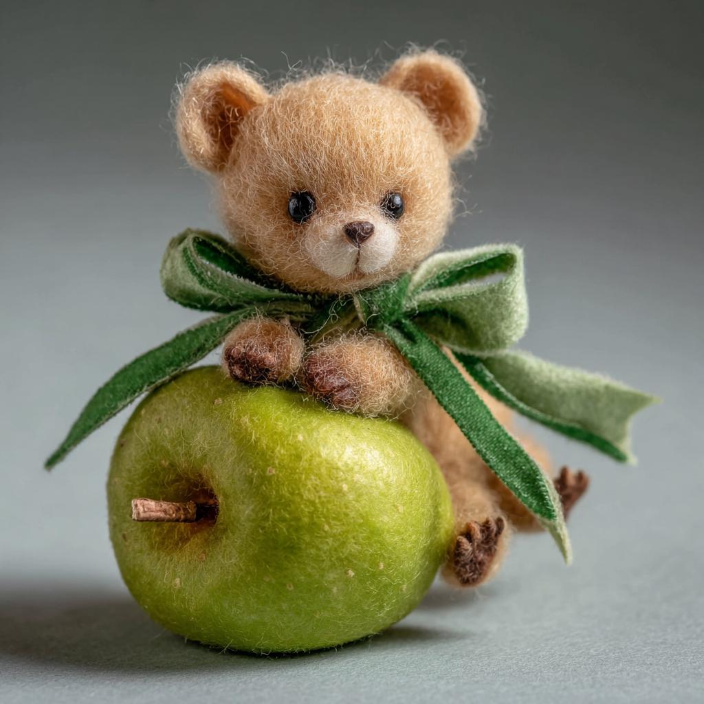 Handmade Needle Felted Bear with Apple – Cute Wool Figurine Winter Gift, Christmas Decoration, Perfect for Christmas Tree Ornament