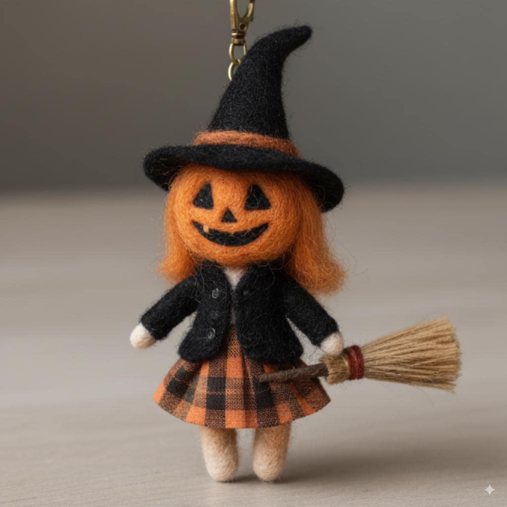 Needle Felted Wool Halloween Keychain – Cute Pumpkin Ghost Plush Bag Charm – Handmade Spooky Fall Gift for Trick or Treat Lovers